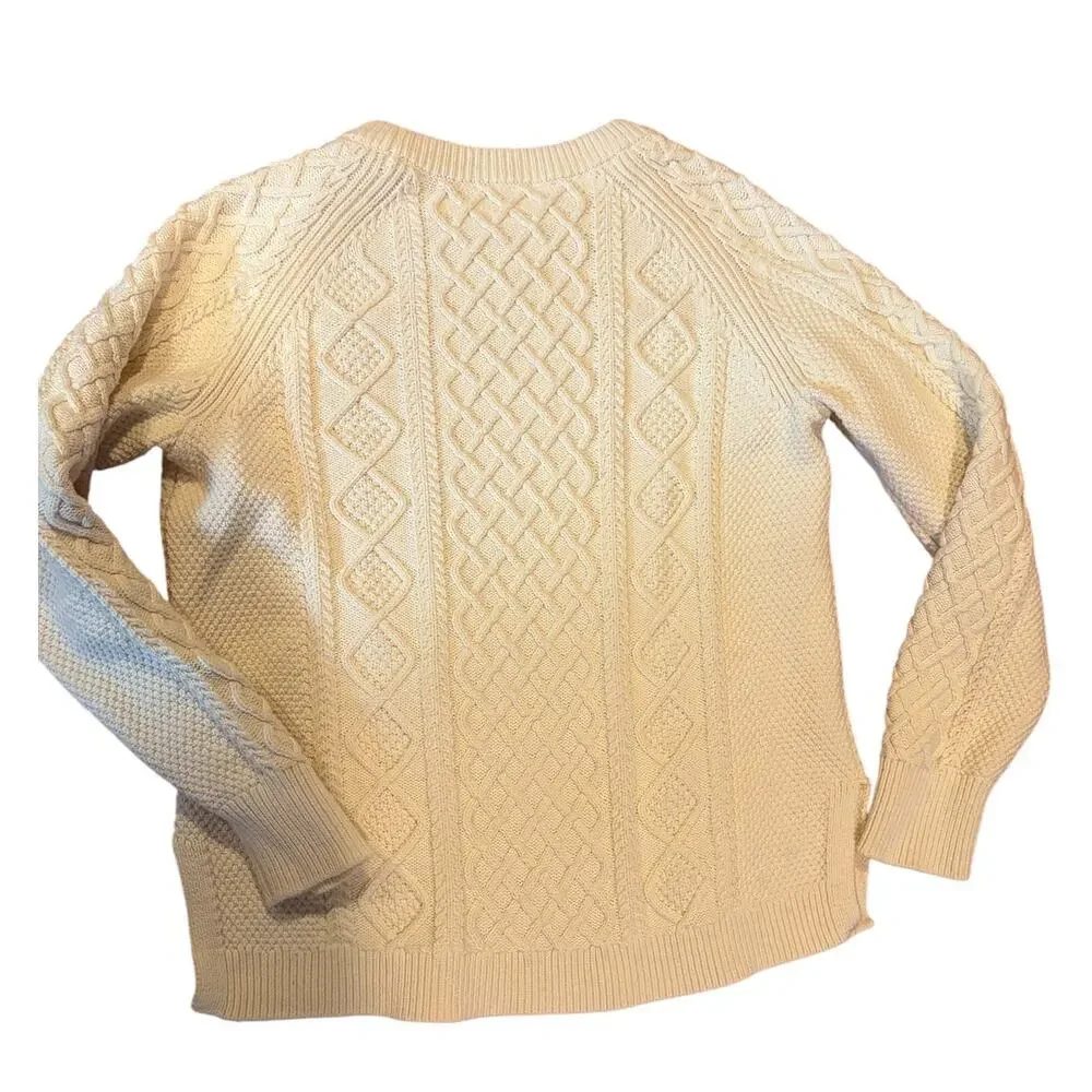 J. Crew Women's Ivory Cream Fisherman Sweater MEDIUM Cotton Cable Knit Crew Neck